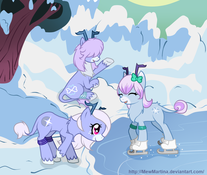 Size: 1300x1100 | Tagged: safe, artist:churobu, derpibooru import, oc, oc:moon sparkle, unofficial characters only, deer, pony, unideer, antlers, bow, eyelashes, female, hair bow, hair over eyes, ice skates, ice skating, image, mare, outdoors, png, skating, smiling, snow, unshorn fetlocks