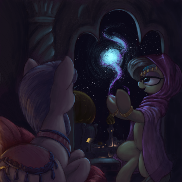 Size: 3000x3000 | Tagged: safe, artist:t72b, derpibooru import, amira, earth pony, pony, saddle arabian, background pony, clothes, cushion, desert, dome, female, glow, headscarf, hoof hold, image, jewelry, lying down, magic, makeup, mare, night, night sky, png, prone, scarf, sitting, sky, stars, veil, window