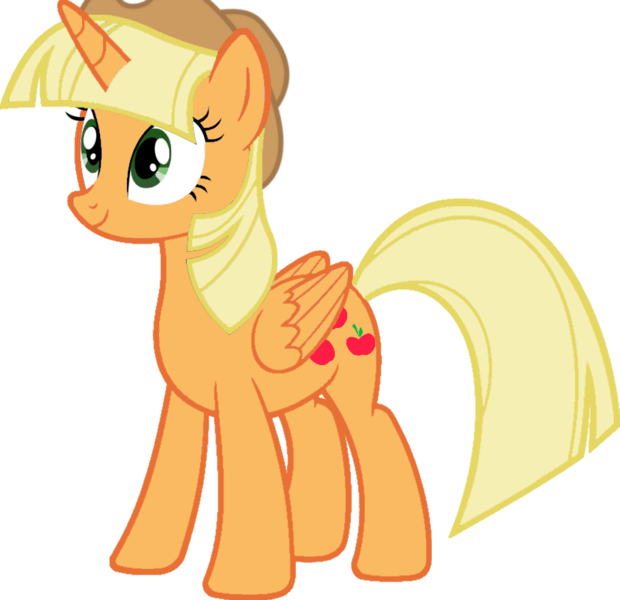 Size: 800x774 | Tagged: safe, artist:foxyfell1337, derpibooru import, applejack, twilight sparkle, twilight sparkle (alicorn), alicorn, pony, alicornified, alternate hairstyle, applecorn, image, palette swap, png, race swap, recolor, simple background, solo, transparent background