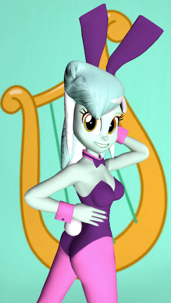 Size: 900x1600 | Tagged: safe, artist:oatmeal!, derpibooru import, lyra heartstrings, equestria girls, 3d, arm behind head, breasts, bunny ears, bunny suit, butt, clothes, costume, cutie mark background, easter, gmod, hand on waist, holiday, image, looking back, png, rear view, sexy, smiling, solo, unitard, wide eyes