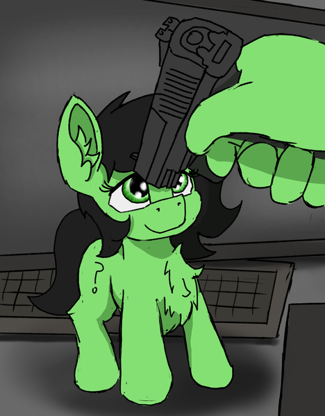 Size: 1113x1428 | Tagged: safe, artist:reddthebat, derpibooru import, oc, oc:anon, oc:anonfilly, earth pony, pony, female, filly, foal, gun, handgun, image, pistol, png, threats will not work, weapon