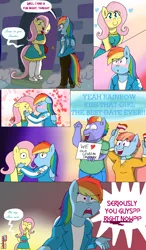 Size: 1512x2592 | Tagged: safe, artist:umbreonvevo, derpibooru import, bow hothoof, fluttershy, rainbow dash, windy whistles, anthro, pegasus, blushing, comic, cute, female, flutterdash, image, kissing, lesbian, lesbian couple, lesbian pride flag, male, png, pride, pride flag, shipping, shyabetes