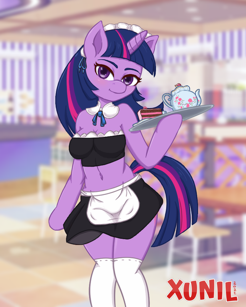 Size: 801x1000 | Tagged: suggestive, artist:xunil763, derpibooru import, twilight sparkle, anthro, unicorn, arm hooves, blushing, breasts, busty twilight sparkle, cake, clothes, food, horn, image, maid, maidlight sparkle, png, pony ears, serving tray, skirt, tail, teapot, unicorn twilight