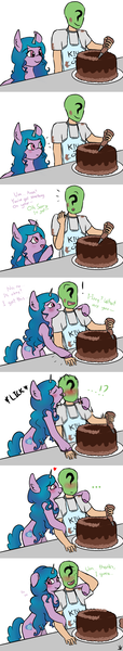 Size: 1024x5376 | Tagged: safe, artist:neonnaisedraws, derpibooru import, izzy moonbow, oc, oc:anon, human, unicorn, my little pony: a new generation, blushing, cake, comic, female, food, g5, image, kiss on the cheek, kissing, male, png, romance, romantic, silly, smiling, straight