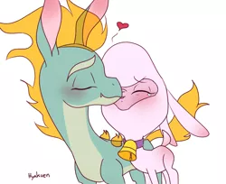 Size: 1316x1075 | Tagged: safe, artist:hyakuen, derpibooru import, pom lamb, tianhuo, dragon, hybrid, longma, sheep, them's fightin' herds, adorapom, blushing, butt blush, community related, crying, cute, ear blush, eyes closed, female, heart, image, interspecies, kissing, lamb, lesbian, png, pom (tfh), pomhuo, shipping, tears of joy, tianhuo (tfh)