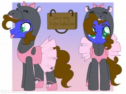 Size: 2048x1530 | Tagged: safe, alternate version, artist:elberas, derpibooru import, oc, oc:silly scribe, earth pony, hippopotamus, pony, :p, animal costume, ballerina, ballet, clothes, costume, crossdressing, cute, image, jpeg, male, ocbetes, sign, silly, silly pony, tongue out, tutu