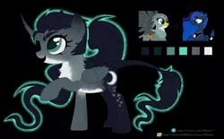 Size: 1600x993 | Tagged: safe, artist:elberas, derpibooru import, gabby, princess luna, alicorn, gryphon, pony, black background, female, fusion, image, jpeg, mare, raised hoof, simple background