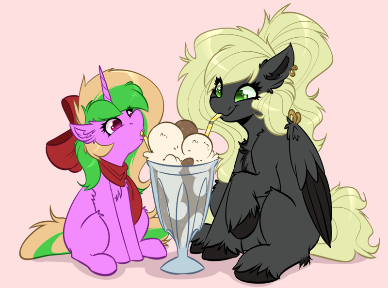 Size: 4000x2976 | Tagged: safe, artist:witchtaunter, derpibooru import, oc, oc:sparkly breeze, oc:veen sundown, pegasus, pony, unicorn, bow, chest fluff, clothes, drink, drinking, drinking straw, duo, ear fluff, ear piercing, female, food, hair bow, ice cream, image, mare, milkshake, piercing, png, scarf, sharing, sharing a drink, simple background, size difference, wing piercing, wings