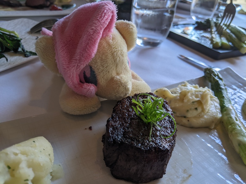 Size: 4032x3024 | Tagged: safe, artist:bigcheese, artist:plushbyanto, derpibooru import, fluttershy, babscon, food, image, irl, jpeg, meat, photo, plushie, ponies eating meat, wagyu