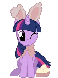 Size: 1500x2018 | Tagged: safe, artist:lonewolf3878, edit, editor:drtoughlove, twibooru exclusive, twilight sparkle, pony, unicorn, basket, bow, bunny ears, cute, easter, easter egg, egg (food), female, food, holiday, image, looking at you, mare, one eye closed, png, simple background, sitting, smiling, solo, transparent background, twiabetes, unicorn twilight, vector, weapons-grade cute, wingless, wingless edit, wink