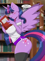 Size: 900x1218 | Tagged: suggestive, artist:mastergodai, derpibooru import, twilight sparkle, twilight sparkle (alicorn), alicorn, anthro, big breasts, blushing, book, breasts, busty twilight sparkle, clothes, dialogue, ear fluff, eyebrows, eyebrows visible through hair, female, gym shorts, image, librarian, library, looking at you, pinup, png, reading, shirt, shorts, signature, socks, solo, solo female, speech bubble, spread wings, stockings, tail, talking to viewer, tanktop, thigh highs, thighs, wings