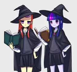 Size: 3392x3200 | Tagged: safe, artist:melonche, derpibooru import, moondancer, twilight sparkle, equestria girls, book, cape, clothes, crossover, duo, duo female, equestria girls-ified, female, gray background, harry potter, hat, high res, image, png, simple background, witch hat