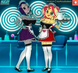 Size: 638x600 | Tagged: suggestive, artist:uzzi-ponydubberx, derpibooru import, sunset shimmer, equestria girls, apron, big breasts, blushing, breasts, busty sunset shimmer, clothes, club, commission, crossover, dress, female, femsub, hypnosis, hypnotized, image, jpeg, legs, looking at you, maid, open mouth, pub, raven (teen titans), sexy, shimrav, smiling, stupid sexy sunset shimmer, submissive, subset, teen titans, uniform, waitress