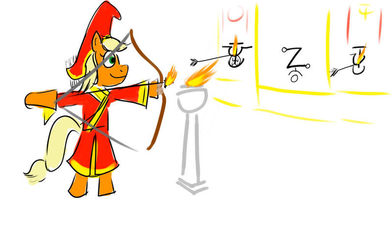 Size: 1024x631 | Tagged: safe, artist:horsesplease, derpibooru import, applejack, archery, arrow, bipedal, clothes, defeated, doodle, fire, flaming arrow, image, invader, jpeg, robes, scythian, solo, torch, z