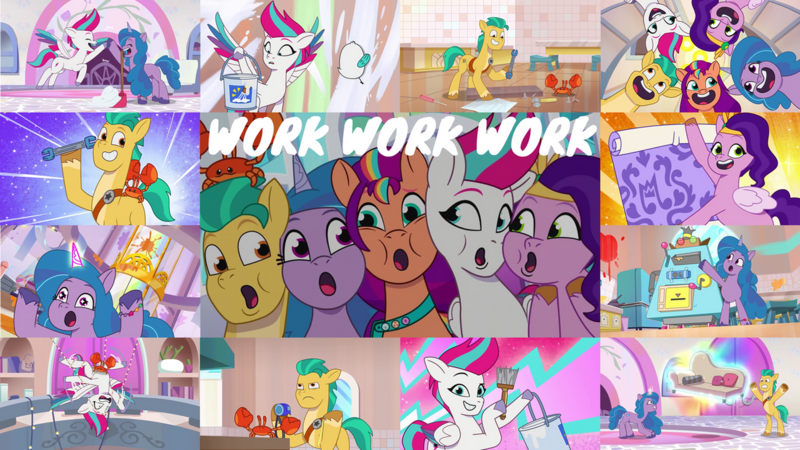 Size: 1280x720 | Tagged: safe, derpibooru import, edit, edited screencap, editor:quoterific, screencap, hitch trailblazer, izzy moonbow, pipp petals, sunny starscout, zipp storm, bird, crab, earth pony, pegasus, pony, seagull, unicorn, a home to share, my little pony: tell your tale, spoiler:g5, spoiler:my little pony: tell your tale, spoiler:tyts01e01, :o, bipedal, eyes closed, female, flying, g5, image, male, mane five (g5), mare, open mouth, open smile, png, smiling, spread wings, stallion, text, wings, work work work