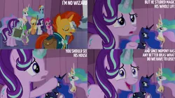 Size: 1280x720 | Tagged: safe, derpibooru import, edit, edited screencap, editor:quoterific, screencap, applejack, pinkie pie, princess celestia, princess luna, rainbow dash, rarity, spike, starlight glimmer, sunburst, alicorn, dragon, earth pony, pegasus, pony, unicorn, season 6, the crystalling, applejack's hat, book, cowboy hat, crown, eyes closed, female, flying, hat, image, jewelry, magic, male, mare, open mouth, open smile, png, regalia, smiling, spread wings, stallion, telekinesis, text, wings