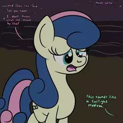 Size: 2000x2000 | Tagged: safe, artist:dafiltafish, derpibooru import, bon bon, sweetie drops, earth pony, pony, comic:day by day, beach, comic, image, implied lyra, night, offscreen character, png, solo, speech bubble