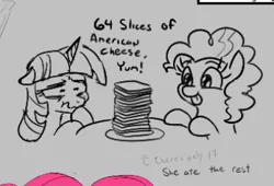 Size: 348x236 | Tagged: safe, artist:jargon scott, derpibooru import, pinkie pie, twilight sparkle, earth pony, pony, unicorn, 64 slices of american cheese, american cheese, cheese, duo, female, food, gray background, image, mare, png, simple background, sketch, sliced cheese, the simpsons, tongue out, wavy mouth