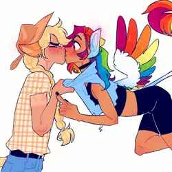 Size: 1812x1812 | Tagged: safe, artist:viggyverse, derpibooru import, applejack, rainbow dash, human, appledash, blushing, colored wings, colored wingtips, eyes closed, female, floppy ears, flying, humanized, image, jpeg, kissing, leonine tail, lesbian, midriff, pony ears, shipping, shirt grab, spread wings, surprised, tail, tailed humanization, wide eyes, winged humanization, wings
