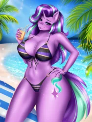 Size: 2625x3500 | Tagged: suggestive, artist:ashimaroo, derpibooru import, starlight glimmer, anthro, unicorn, absolute cleavage, beach, beach babe, belly button, big breasts, bikini, bracelet, breasts, busty starlight glimmer, cleavage, clothes, drink, drinking straw, female, hand on hip, image, jewelry, png, solo, solo female, swimsuit, wet