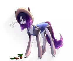 Size: 1280x1070 | Tagged: safe, artist:meggychocolatka, derpibooru import, oc, unofficial characters only, earth pony, pony, deviantart watermark, earth pony oc, female, hat, image, jpeg, mare, obtrusive watermark, question mark, simple background, solo, tattoo, watermark, white background