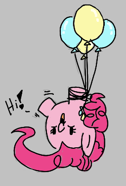 Size: 255x375 | Tagged: safe, artist:legendoflink, derpibooru import, pinkie pie, earth pony, pony, aggie.io, balloon, cute, dialogue, diapinkes, floating, image, la creaturea, lowres, open mouth, png, simple background, smiling, text, then watch her balloons lift her up to the sky, upside down, waving