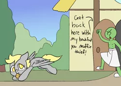 Size: 1414x1000 | Tagged: safe, alternate version, artist:happy harvey, derpibooru import, derpy hooves, oc, oc:anon, human, pegasus, pony, bush, clothes, cute, dialogue, dirt road, door, doorway, drawn on phone, drawthread, fist, fleeing, food, grass, house, image, looking back, muffin, muffin thief, open door, path, png, running, shaking, slippers, spread wings, stealing, thief, towel, towel around waist, tree, window, wings, yelling