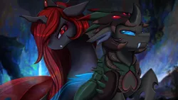 Size: 2920x1642 | Tagged: safe, artist:pridark, derpibooru import, oc, oc:mobius, oc:redfang, unofficial characters only, changeling, changeling queen, fanfic:a noble death, changeling armor, fanfic art, female, image, png, red changeling, venator