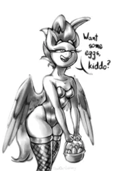 Size: 1000x1500 | Tagged: suggestive, artist:shad0w-galaxy, derpibooru import, zipp storm, anthro, pegasus, pony, my little pony: a new generation, breasts, bunny ears, bunny suit, clothes, dialogue, doodle, easter, egg, female, folded wings, g5, holiday, image, mare, png, sexy, simple background, smiling, smug, socks, solo, stockings, sultry pose, text, thigh highs, thighs, thunder thighs, tight clothing, white background, wide hips, winged anthro, wings