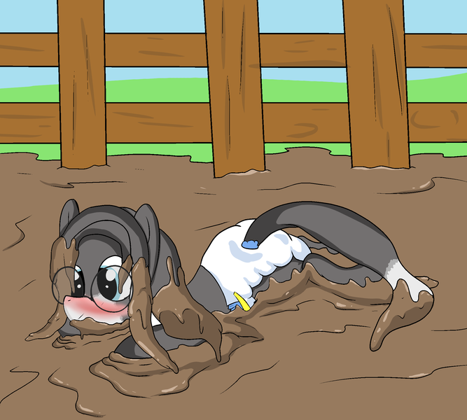 Size: 2000x1800 | Tagged: questionable, artist:amateur-draw, derpibooru import, oc, oc:neo, earth pony, pony, blushing, diaper, diaper fetish, fetish, glasses, image, mud, mud bath, mud play, mud pony, muddy, pig pen, png, request, requested art, solo, wet and messy