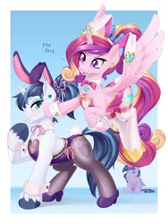 Size: 1927x2560 | Tagged: suggestive, artist:dstears, derpibooru import, princess cadance, shining armor, twilight sparkle, twilight sparkle (alicorn), alicorn, pony, unicorn, alternate hairstyle, bunny suit, clothes, costume, crossdressing, cuffs (clothes), ear piercing, earring, easter, easter bunny, easter egg, facehoof, facepalm, femboy, grin, holiday, hoof shoes, image, jewelry, jpeg, piercing, playboy bunny, playboy bunny princess cadance, playboy bunny shining armor, sexy armor, shining femboy armor, shoes, smiling, socks, stockings, thigh highs, unshorn fetlocks