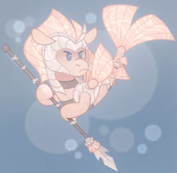 Size: 1281x1251 | Tagged: safe, artist:pigeorgien, derpibooru import, oc, unofficial characters only, pony, seapony (g4), angry, armor, chibi, cute, fin wings, fins, floppy ears, image, male, png, solo, spear, stallion, underwater, weapon, wings