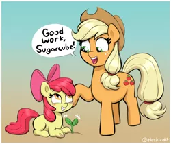 Size: 1968x1650 | Tagged: safe, artist:heretichesh, derpibooru import, apple bloom, applejack, earth pony, pony, adorabloom, blushing, cute, female, filly, foal, grin, image, mare, plant, png, siblings, sisters, smiling, speech bubble, sprout, text