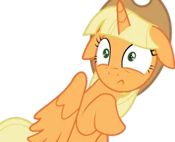 Size: 991x806 | Tagged: safe, artist:foxyfell1337, derpibooru import, applejack, alicorn, pony, alicornified, alternate hairstyle, applecorn, floppy ears, image, png, race swap, simple background, solo, transparent background