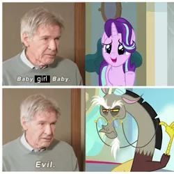 Size: 1100x1100 | Tagged: safe, derpibooru import, edit, edited screencap, screencap, discord, starlight glimmer, draconequus, pony, unicorn, a matter of principals, harrison ford, image, meme, png