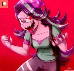 Size: 2050x1950 | Tagged: semi-grimdark, artist:the-butch-x, derpibooru import, starlight glimmer, undead, vampire, equestria girls, blood, breasts, busty starlight glimmer, clothes, commission, female, image, open mouth, pants, patreon, patreon logo, png, red eyes, sharp teeth, solo, teeth, torn clothes, vest