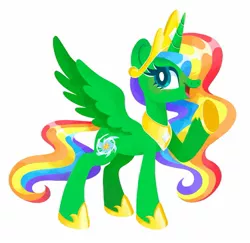 Size: 1603x1559 | Tagged: safe, artist:squididdlee, derpibooru import, oc, unofficial characters only, alicorn, pony, alicorn oc, female, hoof shoes, horn, image, jewelry, jpeg, mare, multicolored hair, open mouth, rainbow hair, raised hoof, simple background, smiling, solo, spread wings, standing, tiara, white background, wings