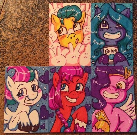 Size: 451x445 | Tagged: safe, artist:marybellamy, derpibooru import, hitch trailblazer, izzy moonbow, pipp petals, sunny starscout, zipp storm, earth pony, pegasus, unicorn, g5, image, jpeg, mane five (g5), traditional art