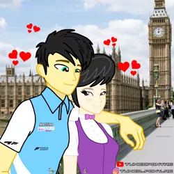 Size: 4096x4096 | Tagged: safe, artist:forzaveteranenigma, derpibooru import, octavia melody, oc, oc:assetto-forza massimo, human, big ben, canon x oc, elizabeth tower, female, heart, image, instagram, irl, irl human, irl photo, london, looking at each other, looking at someone, love, male, photo, png, real life background, shipping, smiling, smiling at each other, straight, youtube