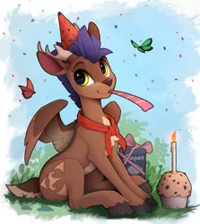 Size: 1500x1680 | Tagged: safe, artist:yakovlev-vad, derpibooru import, oc, deer, deer pony, original species, peryton, birthday, candle, cupcake, food, hat, image, looking at you, party hat, png, sitting, solo