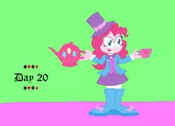 Size: 1480x1064 | Tagged: safe, artist:princess-josie-riki, derpibooru import, pinkie pie, equestria girls, alice in wonderland, boots, bowtie, clothes, crossover, cup, cutie mark, hat, high heel boots, high heels, image, mad hatter, png, shoes, teacup, teapot, top hat