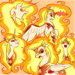 Size: 2500x2500 | Tagged: safe, artist:syrupyyy, derpibooru import, daybreaker, alicorn, pony, angry, crown, evil grin, fangs, female, glow, glowing horn, grin, helmet, hoof shoes, horn, image, jewelry, magic, mare, open mouth, orange background, png, regalia, simple background, smiling, solo