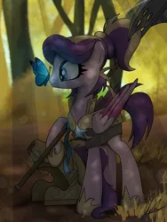 Size: 3000x4000 | Tagged: safe, artist:flaremoon, derpibooru import, oc, oc:shooting star (r&f), butterfly, insect, pegasus, pony, armor, female, forest, guardsmare, halberd, helmet, image, mare, png, royal guard, solo, tree, weapon