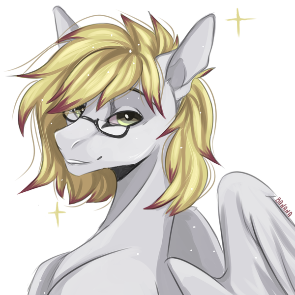 Size: 1200x1200 | Tagged: safe, artist:banana, derpibooru import, oc, oc:ludwig von leeb, pegasus, pony, blonde hair, glasses, green eyes, image, looking at you, male, png, simple background, smiling, solo, stallion, white background, wings