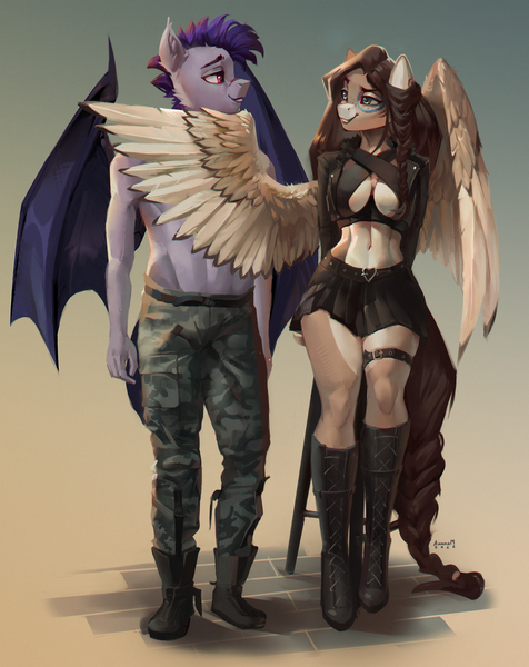 Size: 3571x4500 | Tagged: questionable, artist:annna markarova, derpibooru import, oc, oc:ondrea, oc:thunder run, anthro, bat pony, pegasus, pony, boob window, boots, braid, braided tail, breasts, cleavage, clothes, image, large wings, male, midriff, png, shoes, skirt, stallion, standing, tail, wings