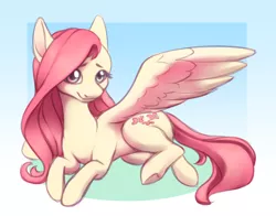 Size: 2800x2200 | Tagged: safe, artist:anvalina, derpibooru import, fluttershy, pegasus, pony, cute, female, gradient background, head turned, high res, image, looking at you, lying down, mare, png, prone, shyabetes, smiling, solo, spread wings, three quarter view, wings