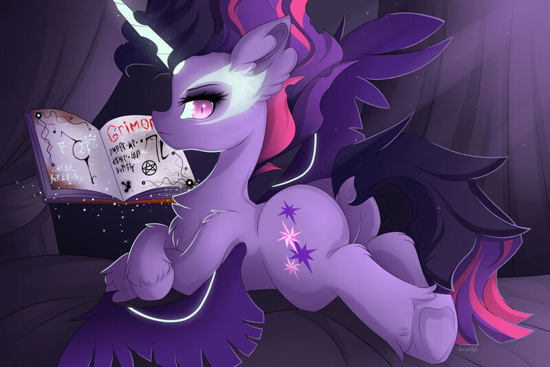 Size: 1280x854 | Tagged: safe, artist:natanvok, derpibooru import, twilight sparkle, ponified, alicorn, pony, equestria girls, book, butt, chest fluff, equestria girls ponified, fluffy, image, jpeg, lying down, magic, midnight sparkle, plot, prone, solo