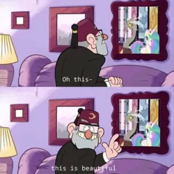 Size: 500x500 | Tagged: safe, derpibooru import, edit, edited screencap, editor:zcord, screencap, discord, princess celestia, alicorn, draconequus, human, celestial advice, gravity falls, image, jpeg, meme, photo, shipper on deck, shipping fuel, uncle stan