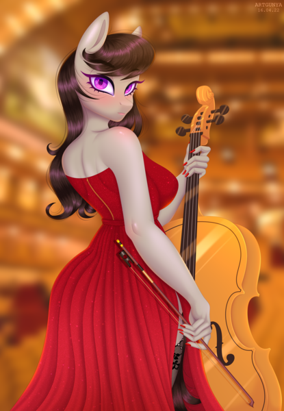 Size: 2766x4000 | Tagged: safe, artist:gunya, derpibooru import, octavia melody, anthro, earth pony, blushing, cello, clothes, dress, female, image, musical instrument, nails, png, purple eyes, red dress, socks, solo, stockings, thigh highs