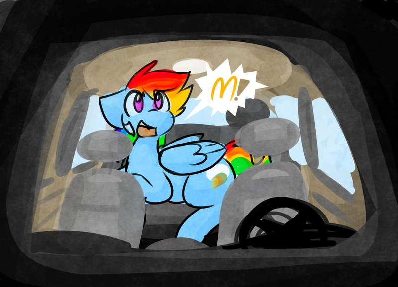 Size: 1655x1195 | Tagged: safe, artist:zutcha, derpibooru import, rainbow dash, pegasus, pony, car, cute, dashabetes, demanding, dialogue, female, floppy ears, folded wings, image, lying down, mare, mcdonald's, open mouth, png, prone, solo, speech bubble, wings